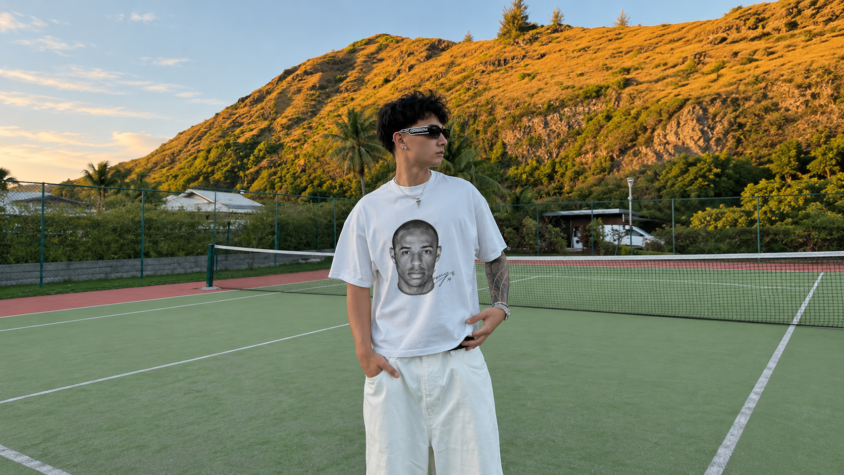Model on a tennis court wearing a JØGA front portrait tee