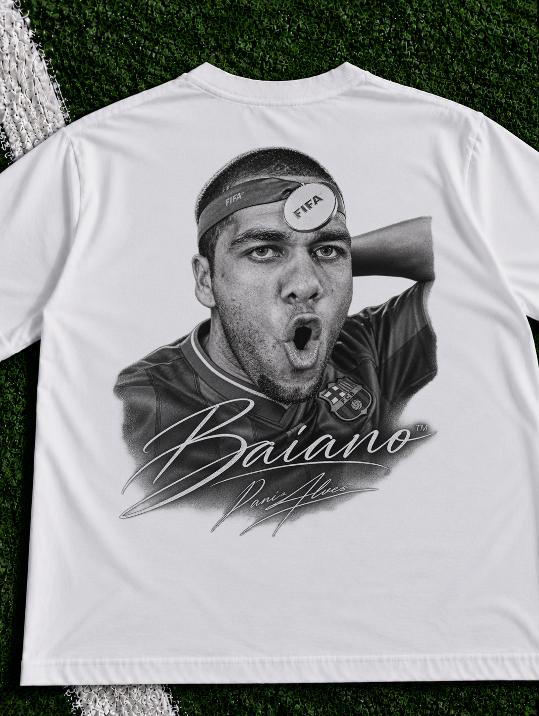 Dani Alves The Tarantula organic heavy graphic T-shirt on football pitch zoomed in