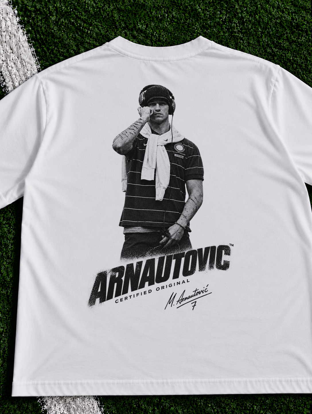 Marko Arnautovic Certified Original organic heavy graphic T-shirt on football pitch zoomed in