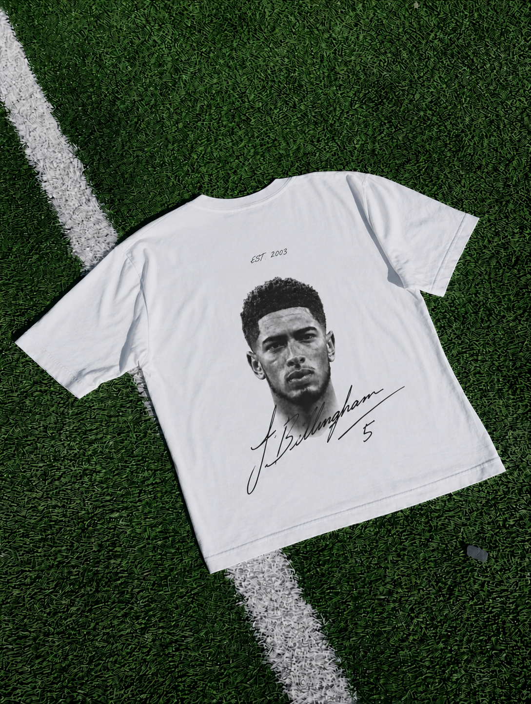 White Bellingham Signature Tee with monochrome Jude Bellingham portrait and signature graphic