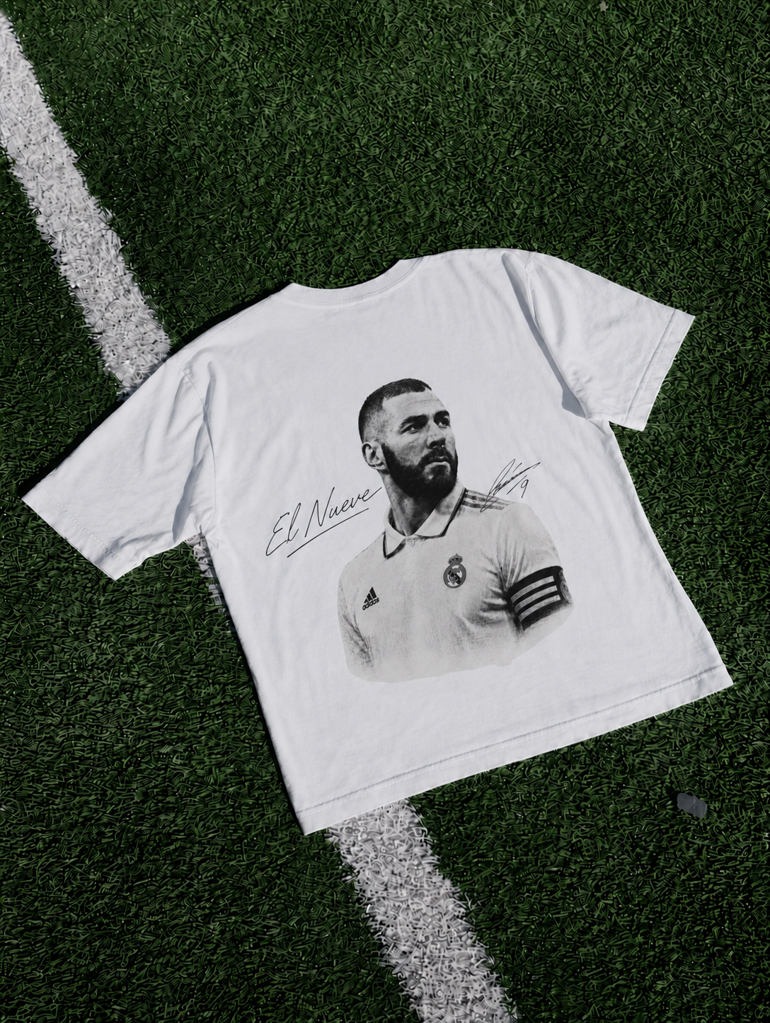 Karim Benzema El Nueve organic heavy white football T-shirt on a football pitch