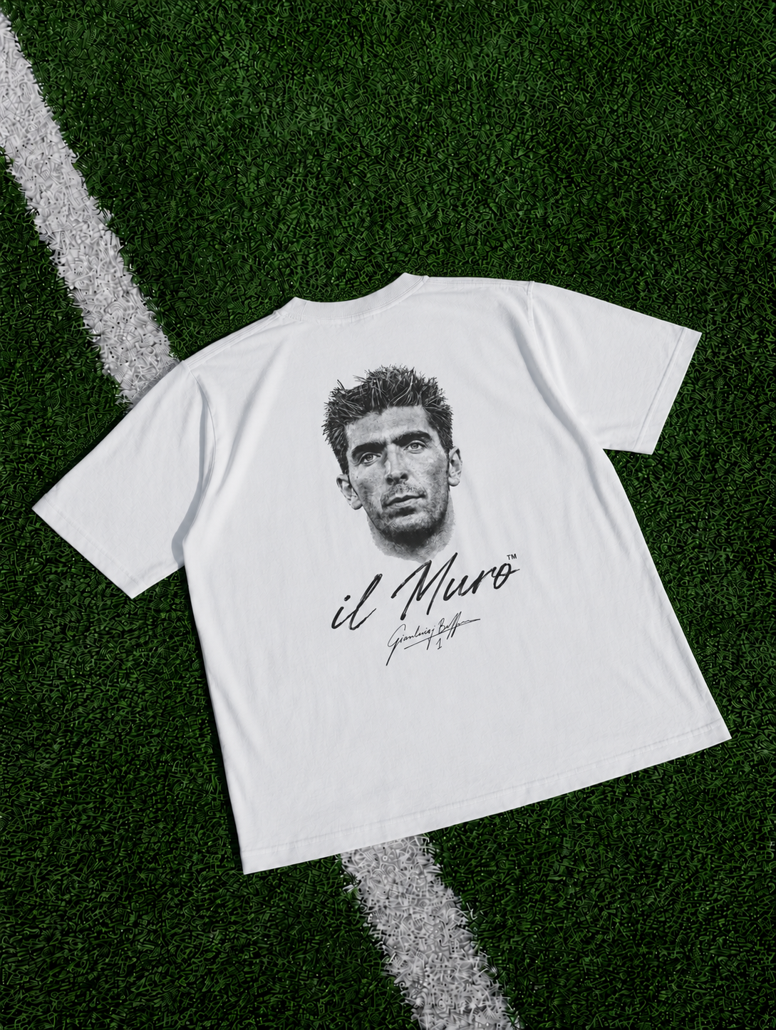 Gianluigi Buffon Il Muro organic heavy white football T-shirt on a football pitch