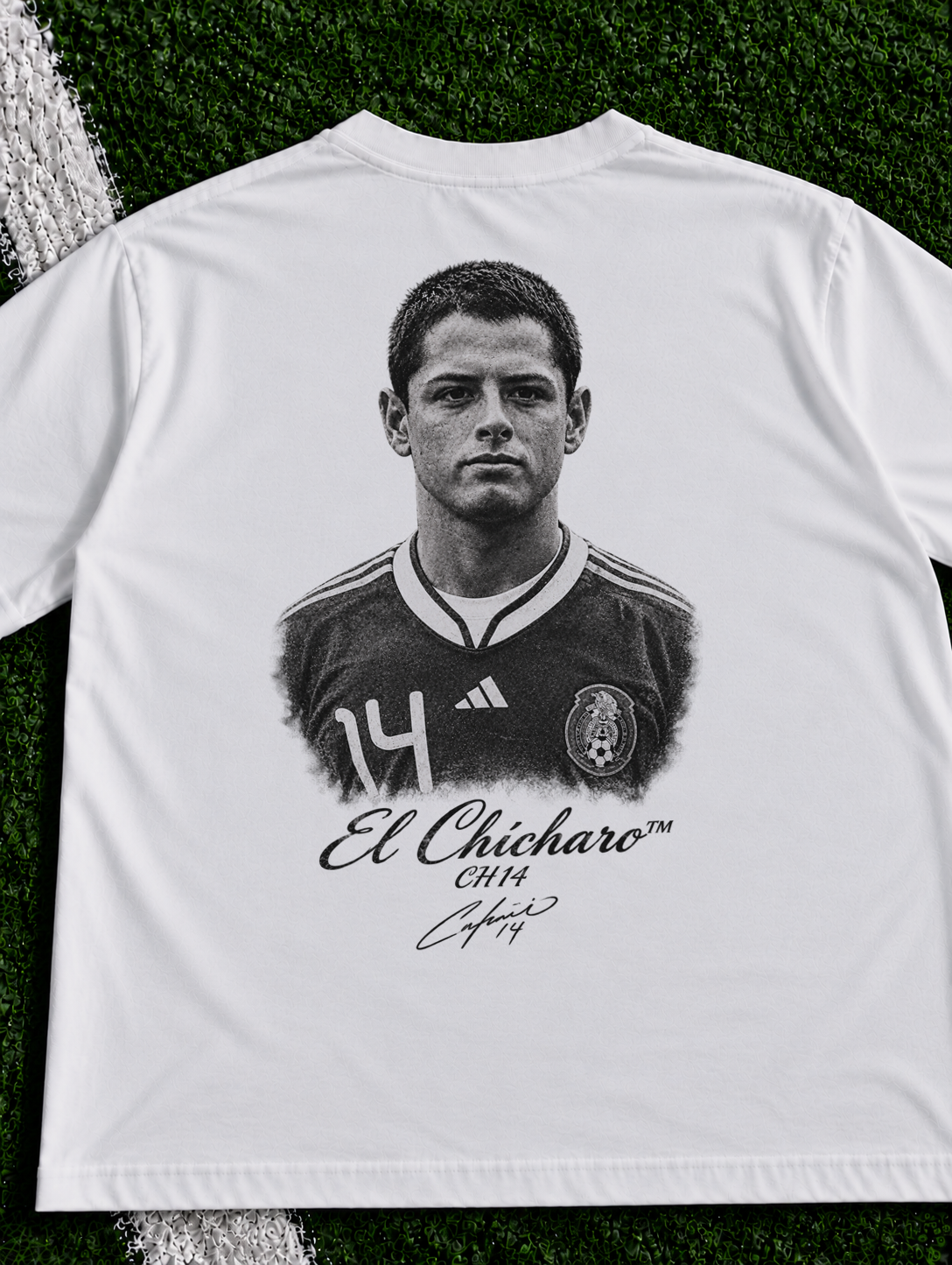 Chicharito El Chicharo CH14 organic heavy graphic T-shirt on football pitch zoomed in