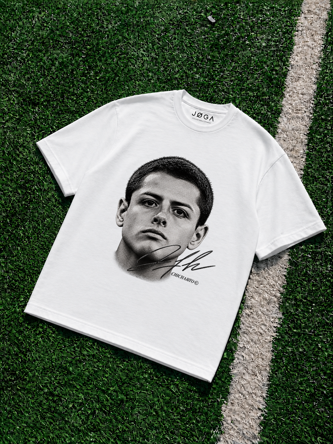 White JOGA oversized T-shirt featuring a black-and-white Javier Hernández face portrait, vintage grain effect and signature graphic printed on the front.