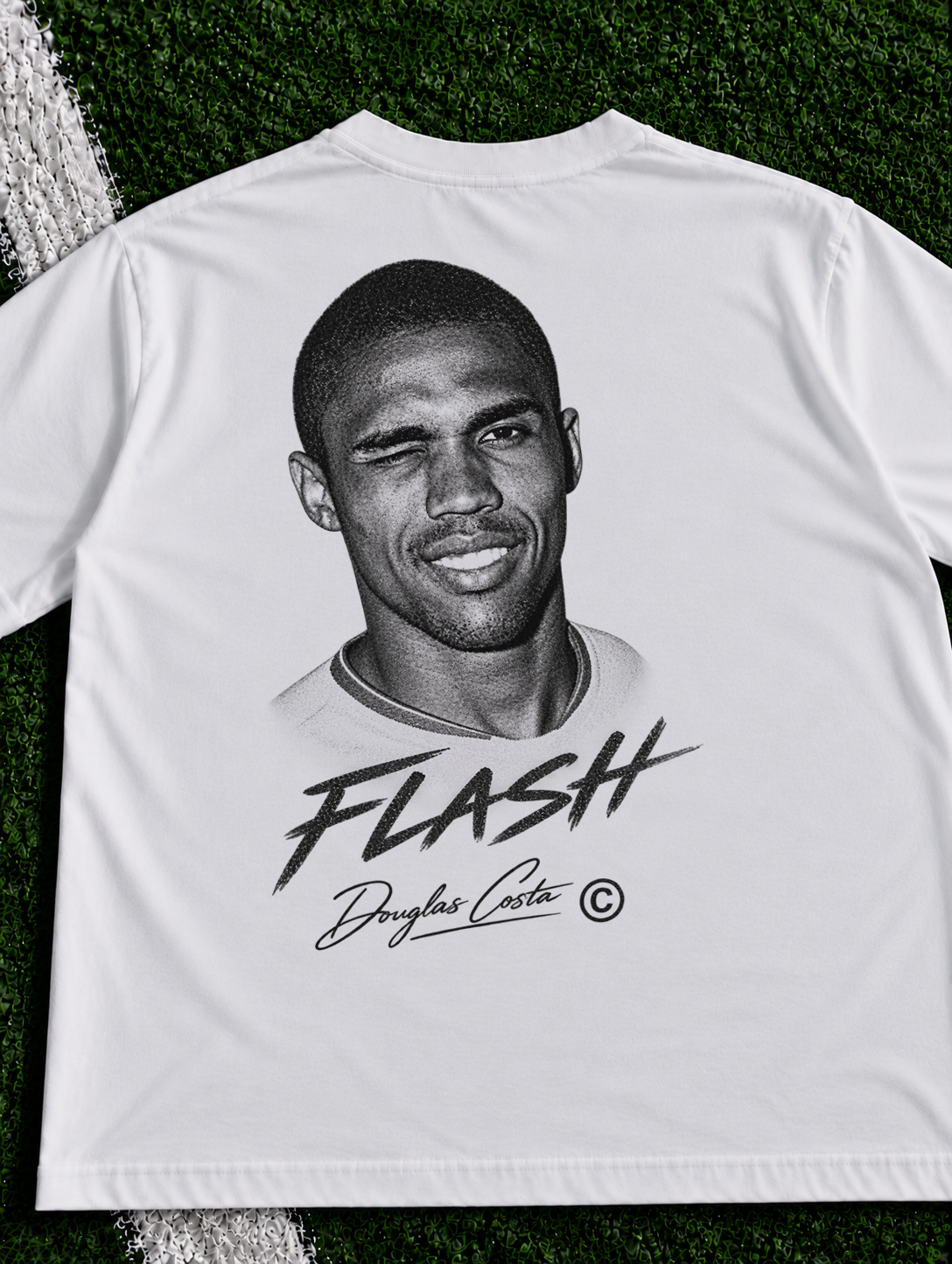 Douglas Costa Flash organic heavy graphic T-shirt on football pitch zoomed in