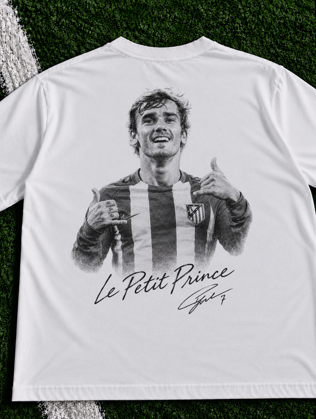 Antoine Griezmann Le Petit Prince organic heavy graphic T-shirt on football pitch zoomed in