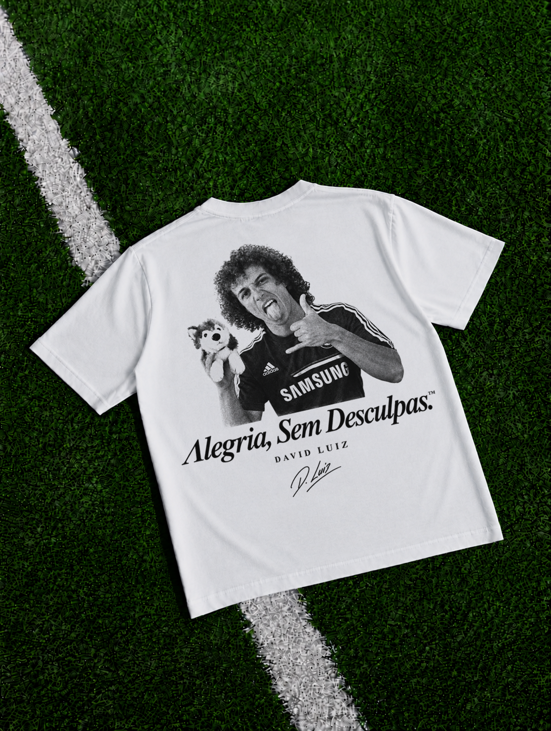 David Luiz Alegria Sem Desculpas organic heavy graphic T-shirt on football pitch