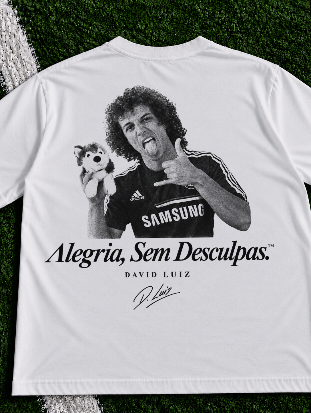 David Luiz Alegria Sem Desculpas organic heavy graphic T-shirt on football pitch zoomed in