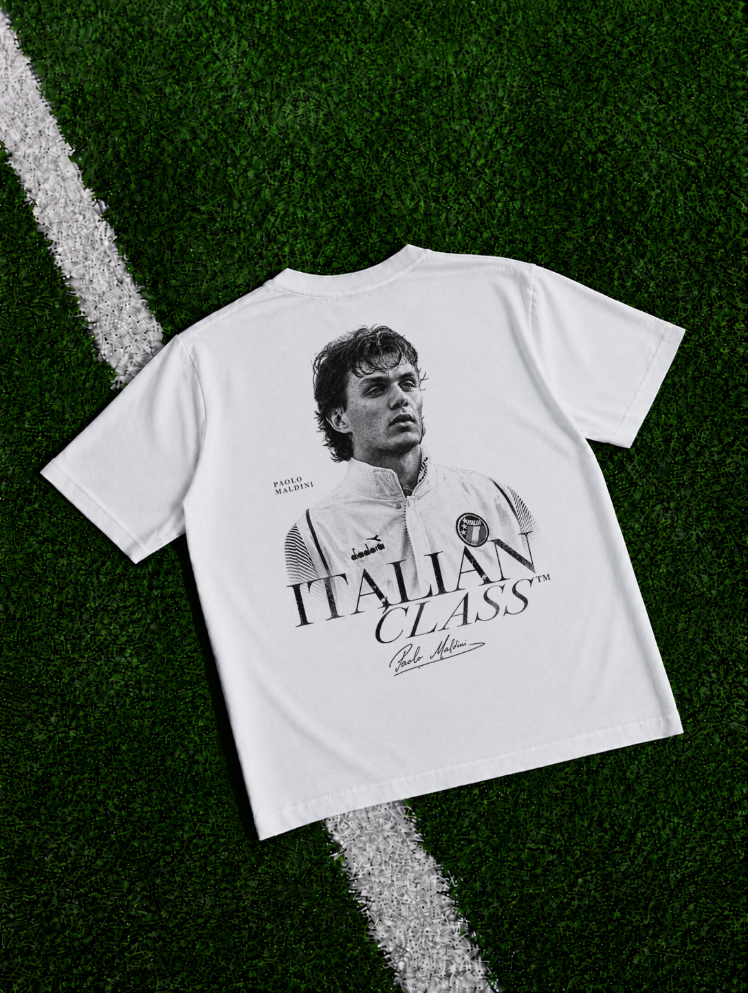 White Maldini Italian Class Tee with vintage monochrome Paolo Maldini portrait and signature graphic