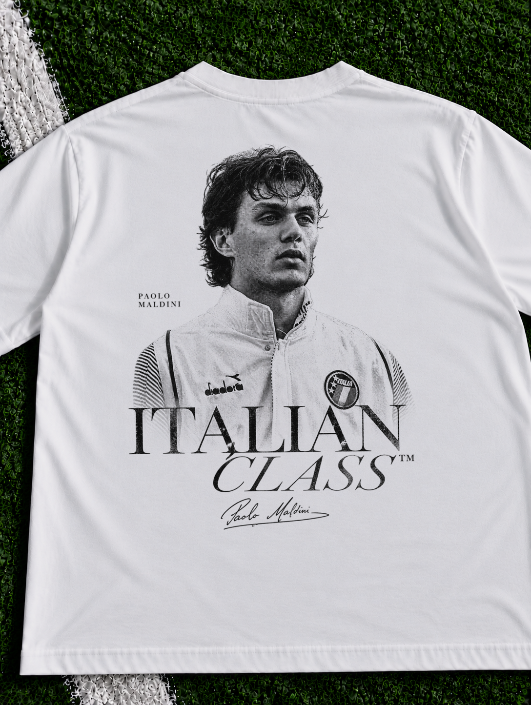 White Maldini Italian Class Tee with vintage monochrome Paolo Maldini portrait and signature graphic zoomed in