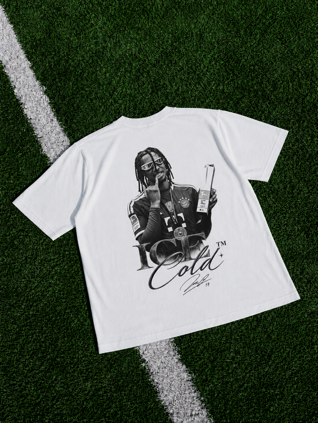 White organic heavyweight T-shirt featuring a Michael Olise football graphic with Ice Cold lettering and signature design