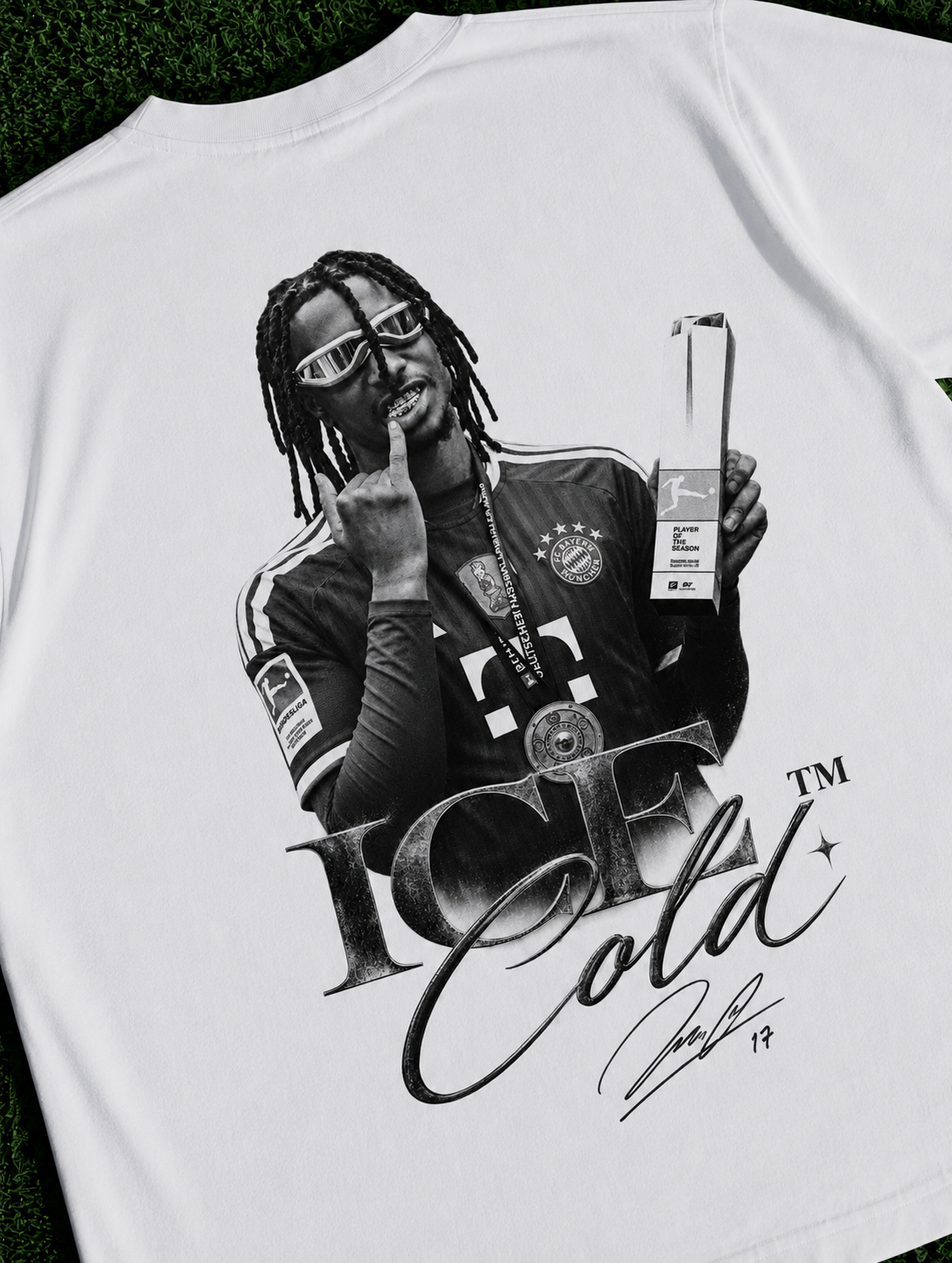 White organic heavyweight T-shirt featuring a Michael Olise football graphic with Ice Cold lettering and signature design zoomed in