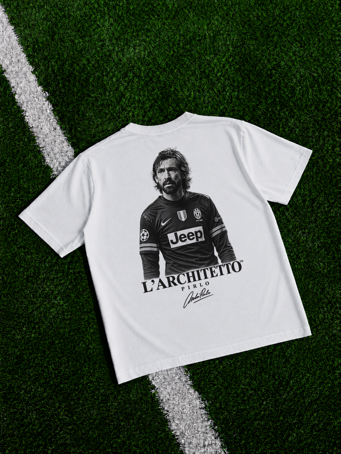 Andrea Pirlo L’Architetto organic heavy graphic T-shirt on football pitch