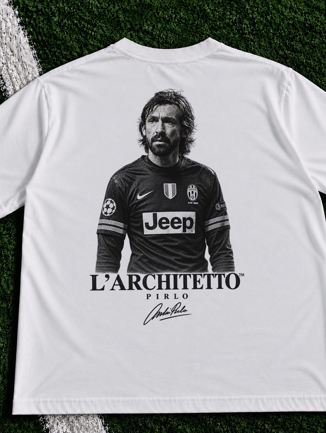 Andrea Pirlo L’Architetto organic heavy graphic T-shirt on football pitch zoomed in