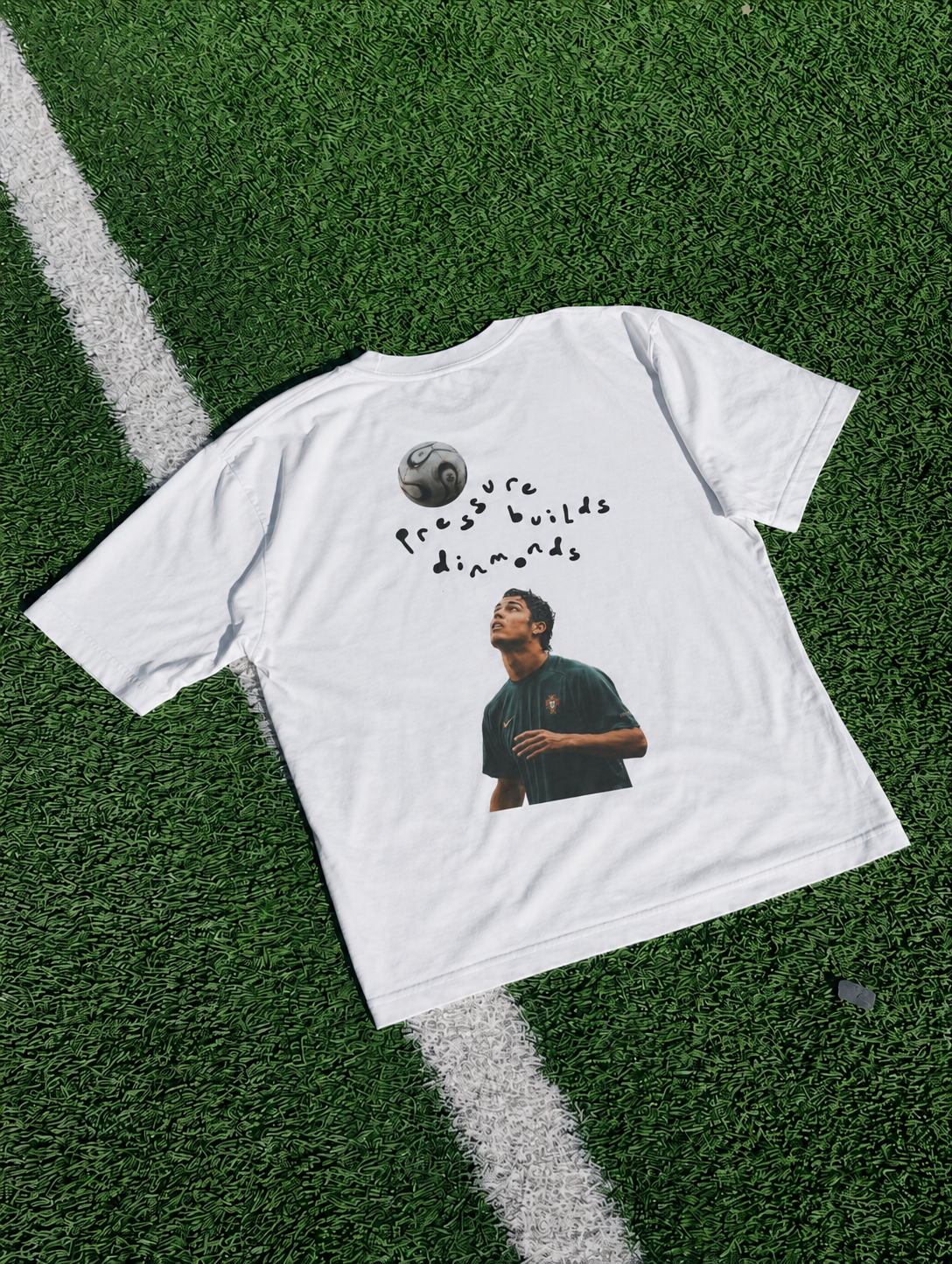 Back of the tee with young Ronaldo print and the words Pressure builds diamonds