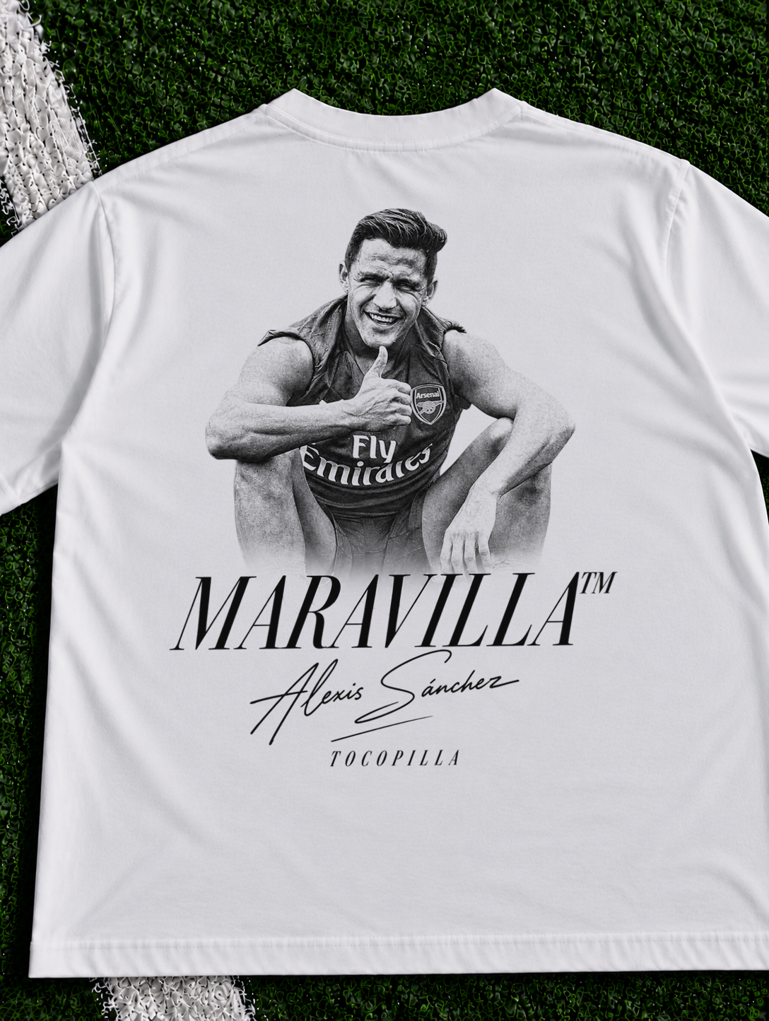 Alexis Sanchez Maravilla organic heavy graphic T-shirt on football pitch zoomed in