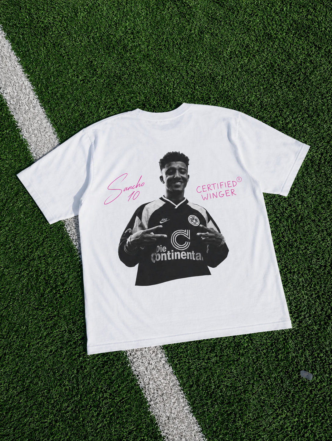 White Sancho Certified Winger T-shirt with black-and-white BVB portrait and pink graphic