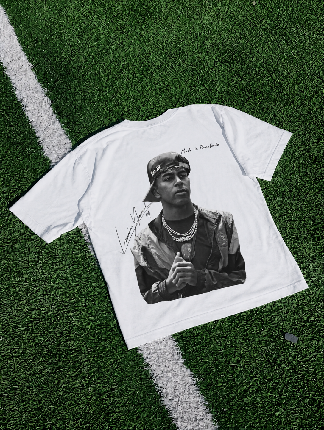 Lamine Yamal Made in Rocafonda T-shirt in white featuring a black and white football portrait on artificial turf