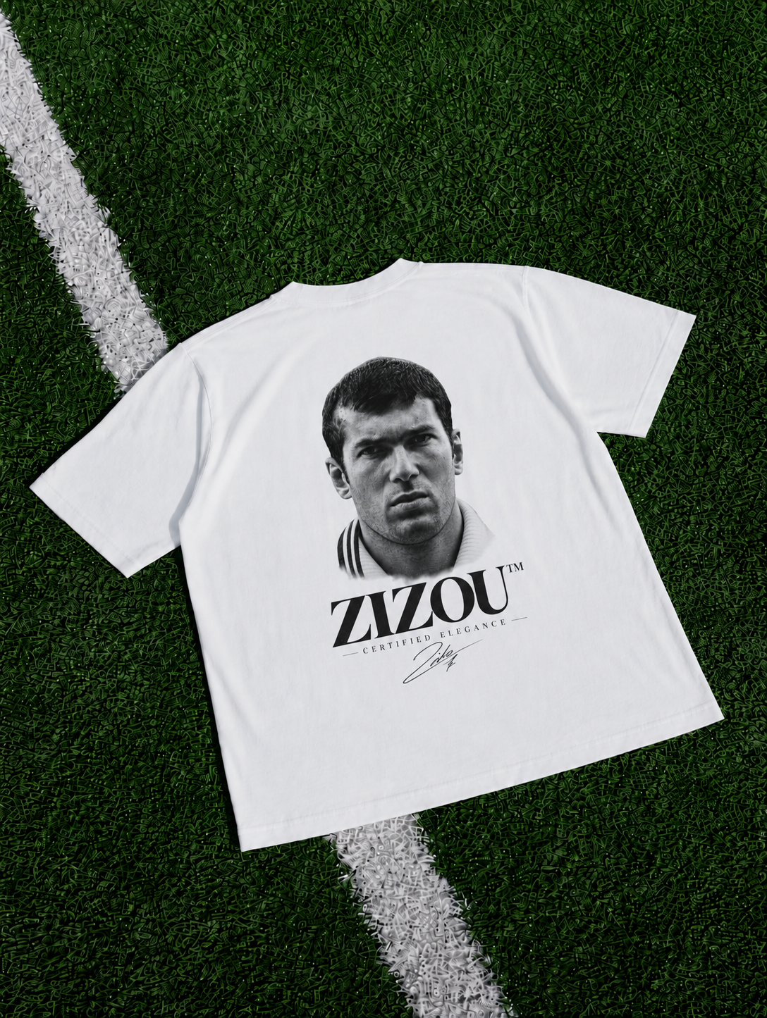 Zinedine Zidane Zizou Certified Elegance organic heavy white football T-shirt on a football pitch